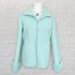 y2k turquoise baby blue penny lane coat with faux fur trim and double zipper